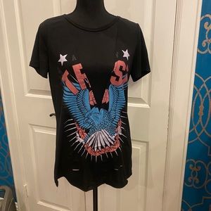 Distressed Mesh V Neck Loose Graphic Tee